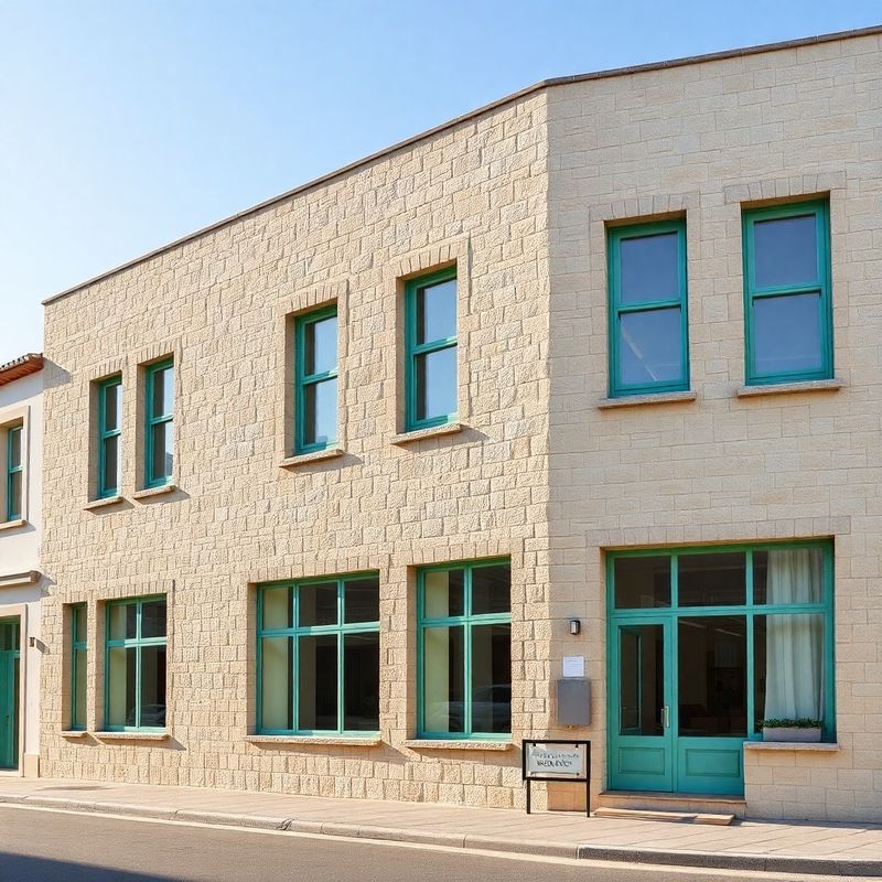 Exterior de um edifício de escritórios moderno em Faro, com fachada de pedra e caixilhos verde-menta
